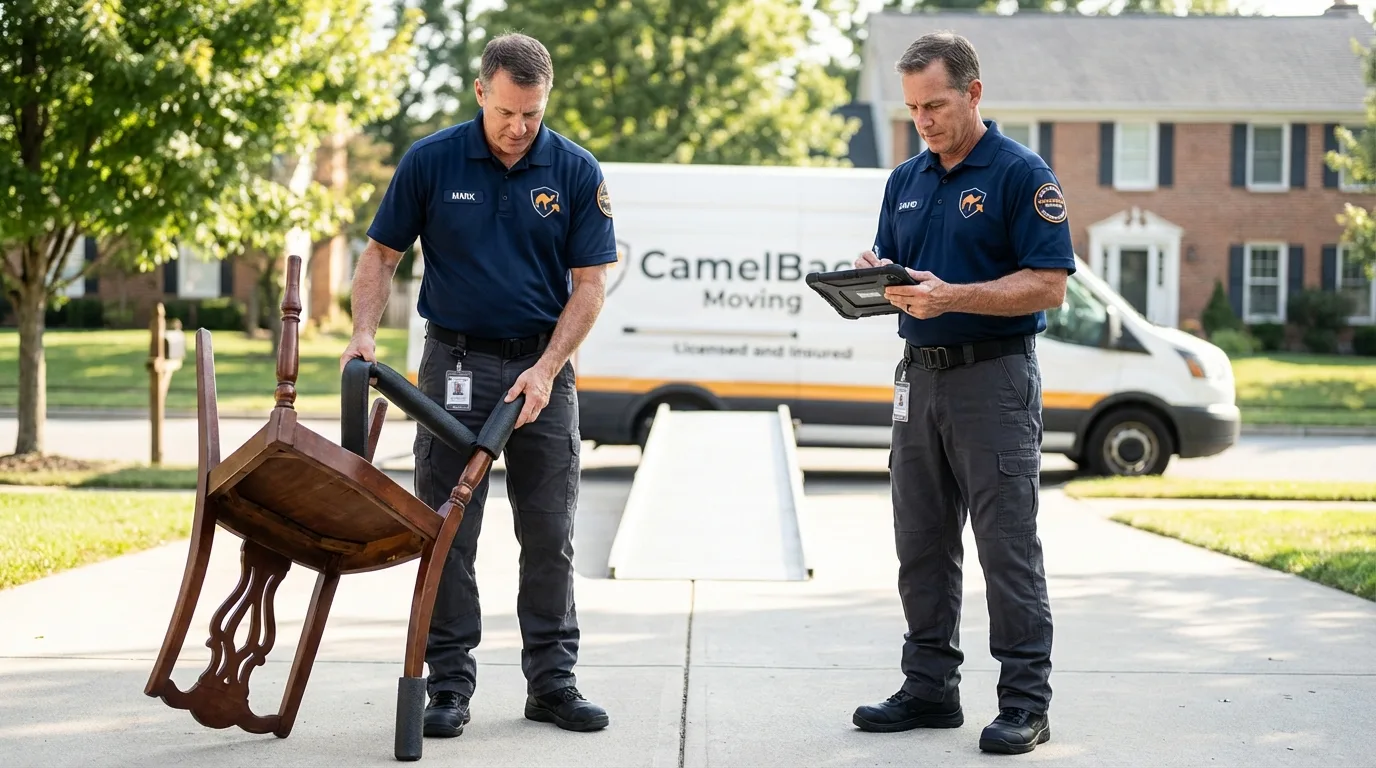 Movers inspecting furniture for damage prevention before loading in Notre Dame, IN