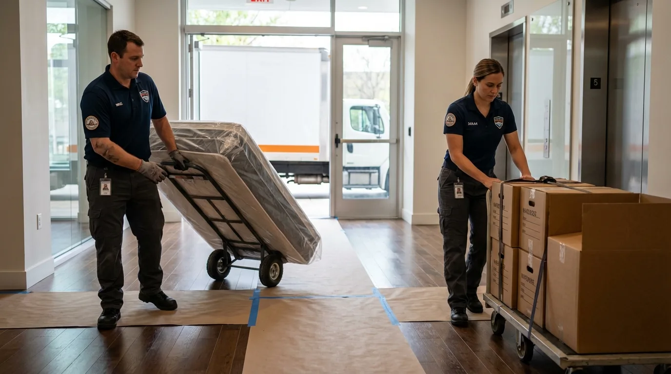 Professional apartment movers loading elevator in Notre Dame, IN