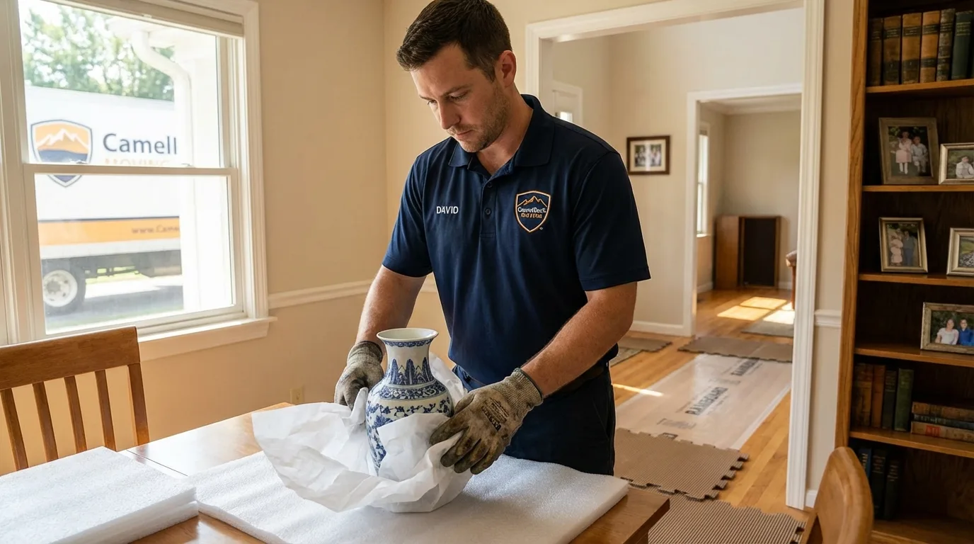 Professional crew carefully wrapping antique vase for senior downsizing move in Notre Dame, IN
